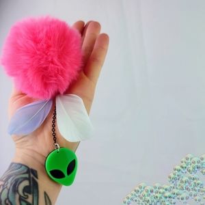*SOLD* Alien Bag Charm Keychain Fluffy Pom Ball